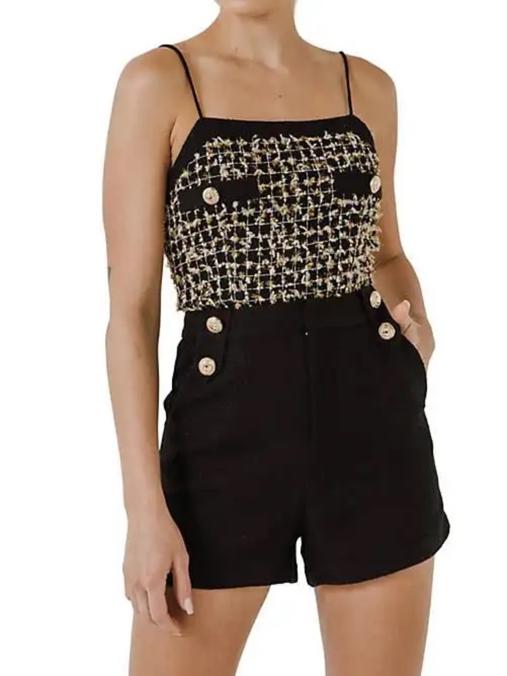 Endless Rose Black and Gold Tweed Camisole with Button Detail